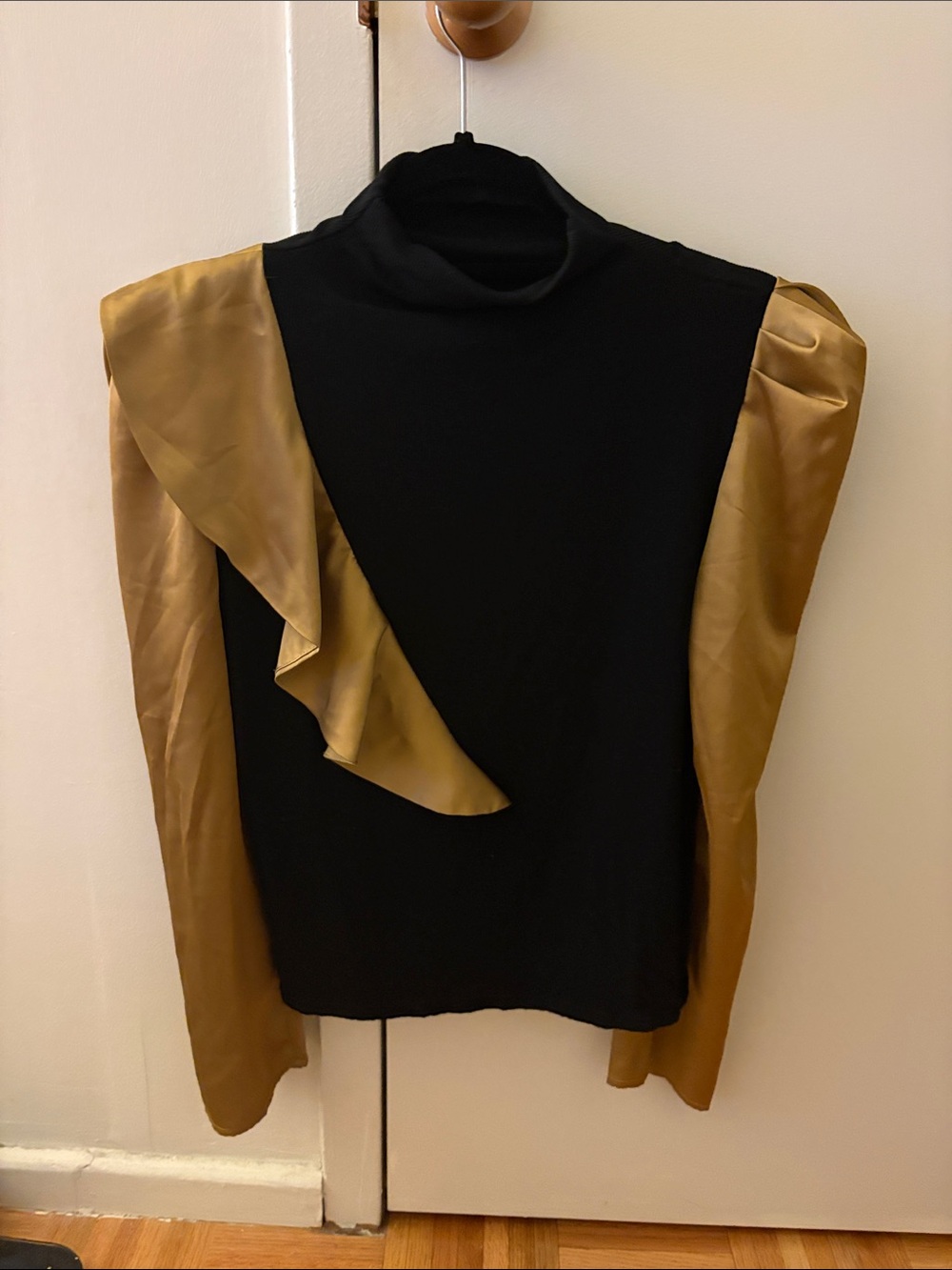 Black & Gold Satin-Trim Puff Sleeve Blouse